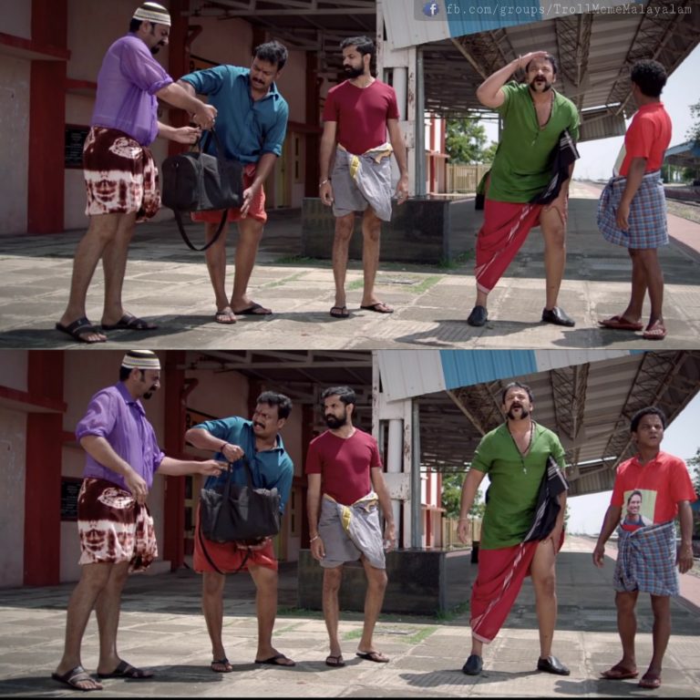 Shaji Pappan And Team | Bhagath Manuel as Krishnan Mandaram,Renji Panicker as Thomas Paappan,Jayasurya as Shaji Pappan,Harikrishnan as Lalan P. K. aka Lolan,Saiju Kurup as Arakkal Abu,Vineeth Mohan as Kuttan Moonga,Dharmajan Bolgatty as Sachin Cleetus a.k.a. Captain Cleetus | Aadu 2 Plain Meme